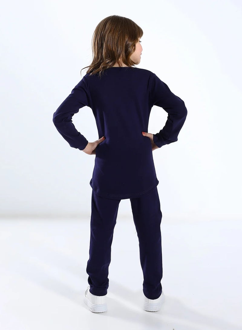 Cottonil Girl's Thermal Fleece Cotton Set Long Sleeve Top and Pants - Navy - Image 3